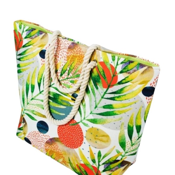 TROPICAL LEAF WITH FLOWER PRINT & ABSTRACT TOTE BAG - Picture 2 of 8